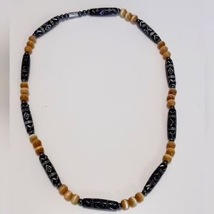 Beaded Necklace Carved Black Beads Hematite 18" Men Women Unisex Boho Beach